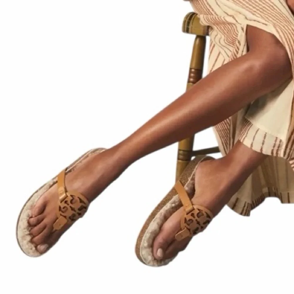 Tory Burch Tan Miller Cloud Shearling Sandals Womans 7